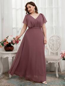 Plus Size Ruffle Front Short Sleeve Chiffon Formal Dress - Redwood - View 3
