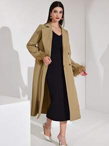 Modelyn Women'S Double-Breasted Hairball Cuff Trench Coat With Patchwork Design - Khaki - View 7