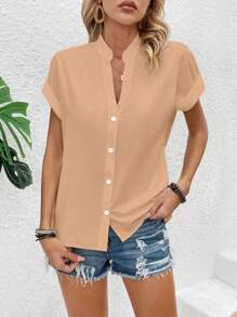 SHEIN LUNE Camisa Con Botones Y Cuello Con Muescas De Color Liso Para Mujer - Caqui - Ver 6
