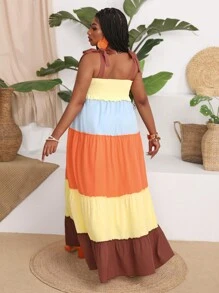 Slaydiva Plus Size Holiday Casual Colorblock A-Line Cami Strap Dress, Women Plus Size Loose Long Dress, Summer