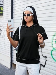 Street Sport Drawstring Hooded Short Sleeve T-Shirt With Visible Stitching