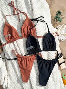 SHEIN Swim Ladies' Solid Color Bikini Set, Vacation Style Summer Beach - Multicolor - View 2