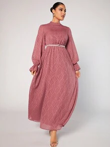Modelyn Women's Stand Collar Ruffle Long Sleeve Arabic Style Dress Modest Dress Long Evening Dresses - Pink - View 2