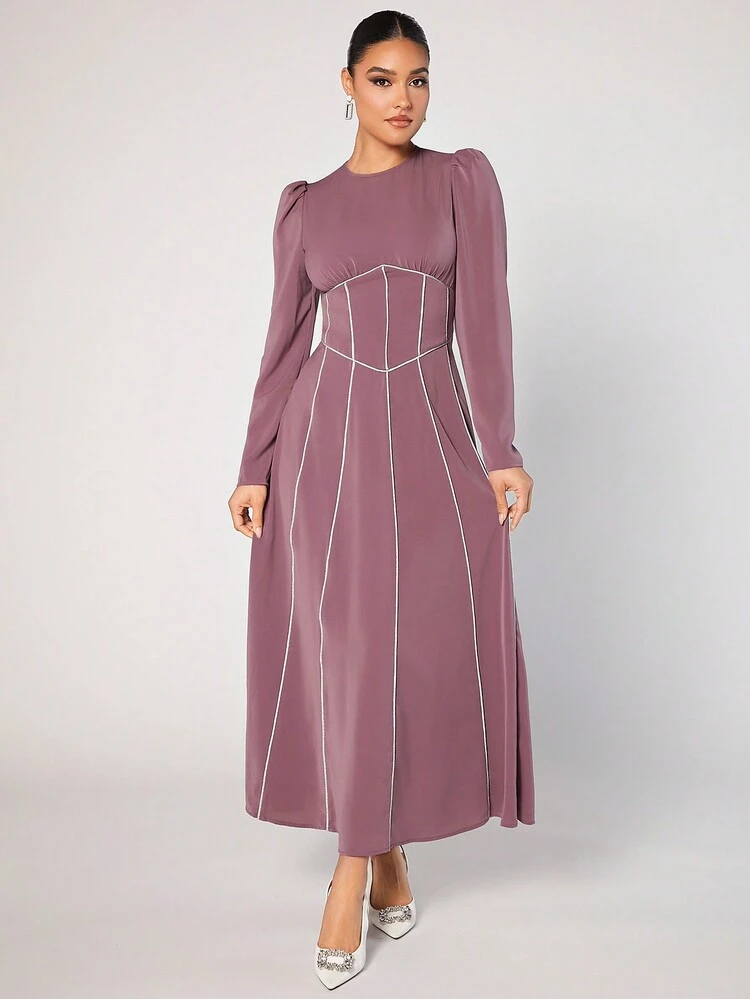 Women's Color Block Long Sleeve Dress With Rolled Hem Modest Dress,Elegant Evening Party Dress Long Evening Dresses