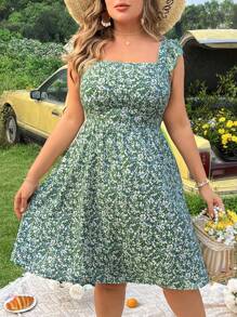 Breezaya Plus Size Fresh Floral Print Spaghetti Strap Open Back Tie Waist Cap Sleeve Dress For Summer - Green - View 5