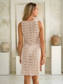 SHEIN VCAY Solid Color Sleeveless Knitted Dress With Side Slit - Apricot - View 2