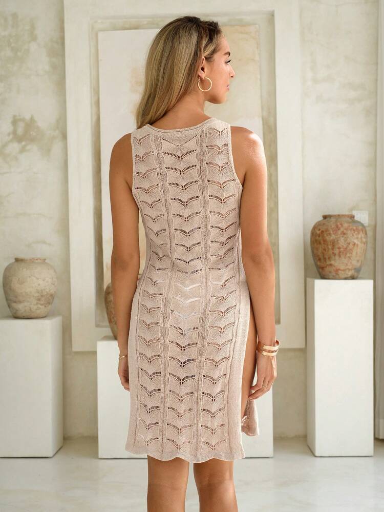 Solid Color Sleeveless Knitted Dress With Side Slit