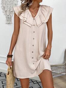 SHEIN VCAY 凸紋純色洋裝,飾有褶邊 - 杏色 - 查看 4