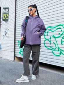 SHEIN Sports 帽裝字母印花外套,適用於戶外運動 - 紫色 - 查看 5