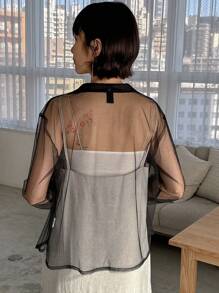 FRIFUL Designer Áo thun nữ tay dài mỏng và trong suốt có thắt lưng với thiết kế tinh tế - Màu xanh lam - Xem 5