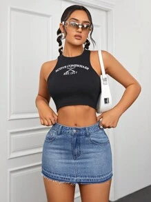 SHEIN ICON Washed Tight-Fitting Denim Mini Skirt With Frayed Hem - Medium Wash - View 3