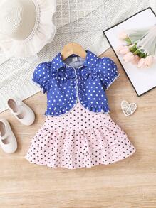SHEIN Baby Girl Casual And Cute Polka Dot Ruffle Strap Dress And Short Sleeve Jacket Set - Pink - View 3