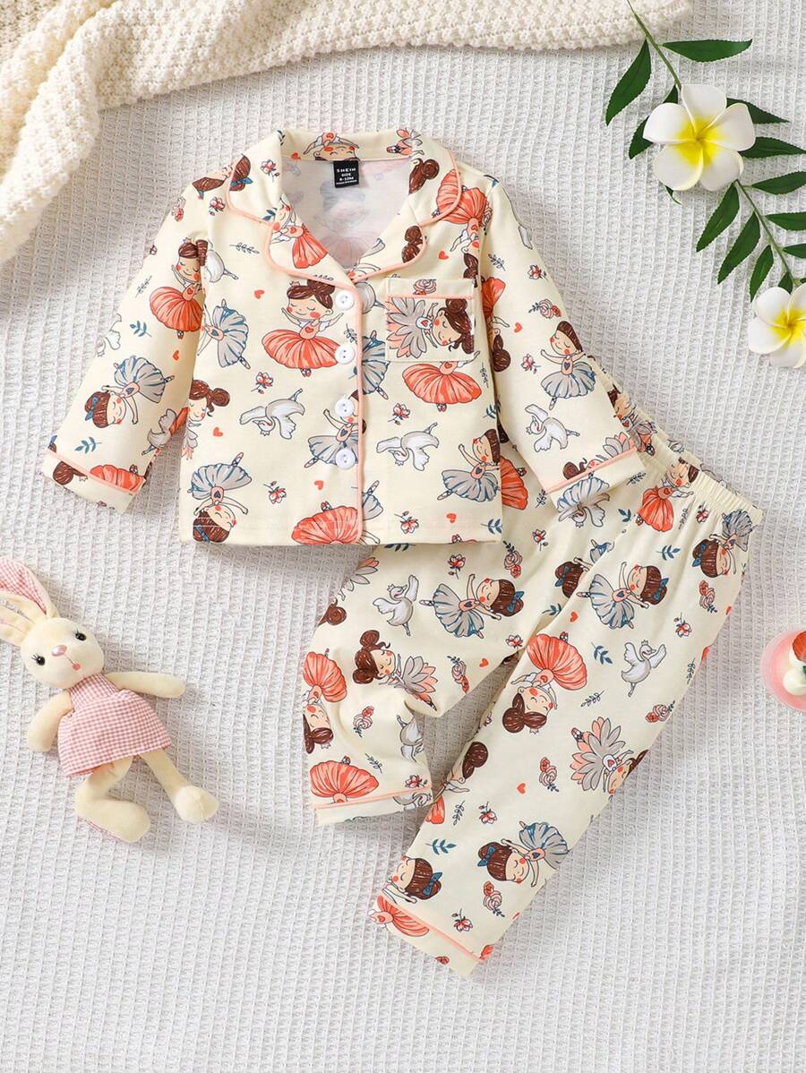 Baby Girl Cute Cartoon Dancing Girl Printed Pajama Set - Apricot - View 1
