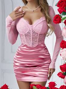 Allurite Robe à manches longues et froncées avec insertion de dentelle pour femme parfait pour un rendez-vous