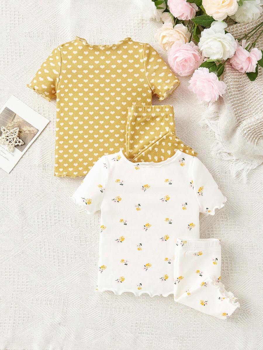 SHEIN Leap Crew Conjunto De Ropa Para El Hogar De Manga Corta Con Patrón De Corazón Y Flores Para Bebé Niña (4 Piezas) - Multicolor - Ver 1