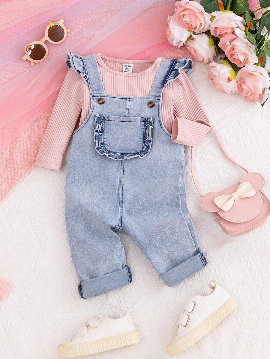Vintaside Kids Conjunto De Jersey De Punto Acanalado Y Mono En General Con Volantes Para Bebé Niña - Multicolor - Ver 1
