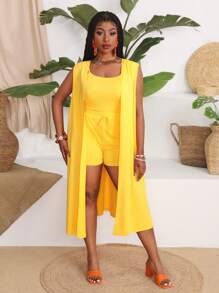 Slaydiva Bộ áo len cardigan không tay và quần short thường ngày Slayr cỡ lớn 3 món, mùa hè - Màu vàng - Xem 5