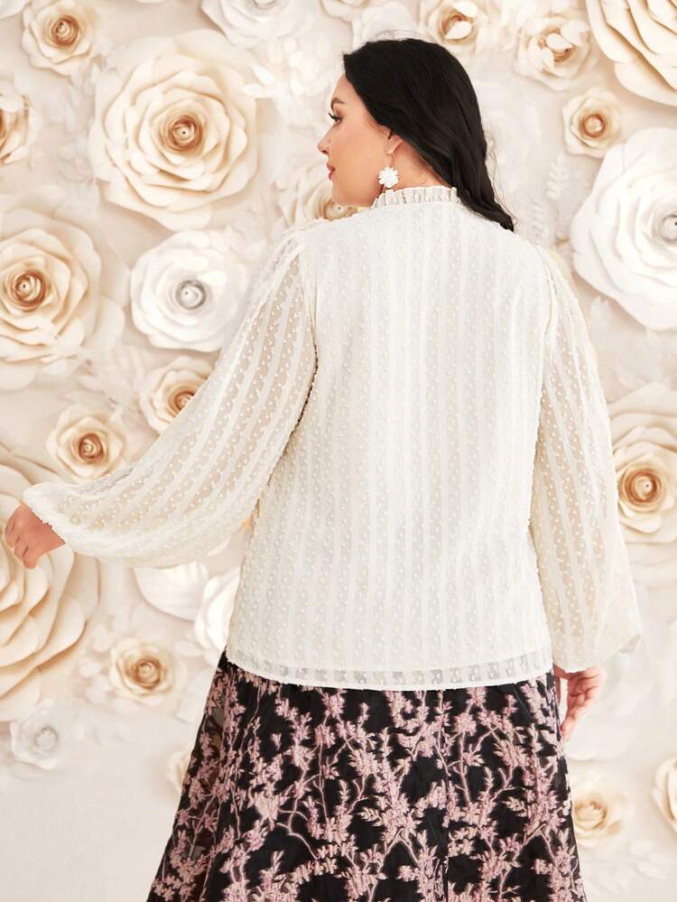 Plus Size Women's Stand Collar Lantern Sleeve Blouse With Frill Trim