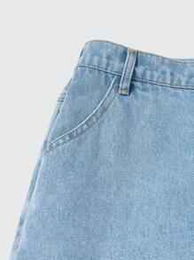 青少女彈性腰帶前扣環包覆式牛仔裙短褲 - 中等水洗藍 - 查看 5