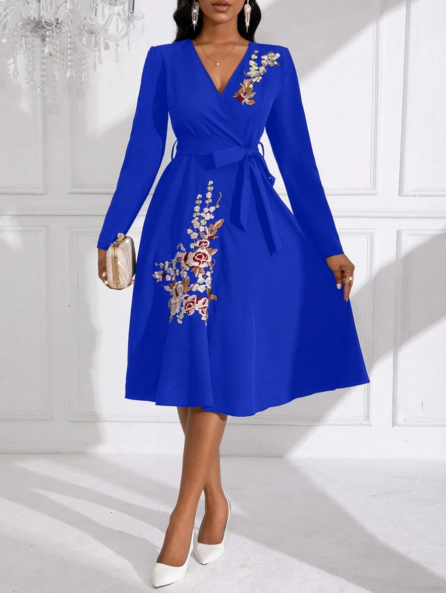 SHEIN Clasi Women's Floral Embroidered Long Sleeve Belted Dress - Royal Blue - View 1