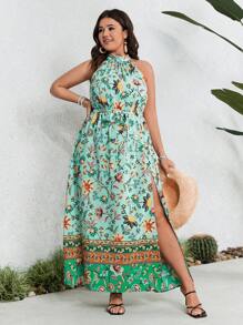 SHEIN VCAY Plus Size Women's Printed Halter Dress With High Split
