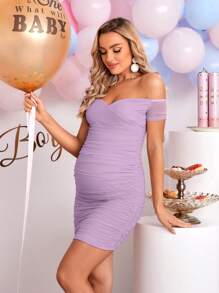 Loomaby Gender Reveal Dress Maternity Off-Shoulder Ruched Bodycon Dress Baby Shower Dress - Mauve Purple - View 7