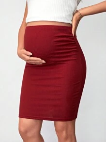 SHEIN Falda tubo de punto acanalado de unicolor para maternidad - Burdeos - Ver 4