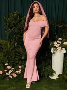 MaterniChic 纯色孕妇露肩美人鱼连衣裙，婚礼宾客性感连衣裙，适合派对 - 粉色 - 查看 6