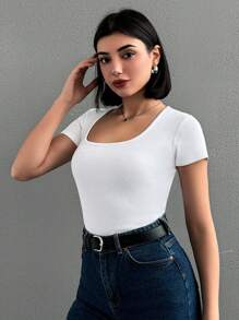 SHEIN PETITE Solid Color Ribbed Square Neck Short Sleeve Bodysuit ,Petite Women - Grey - View 4