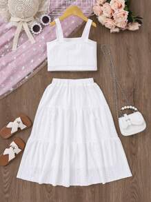 SHEIN Vintaside Kids Tween Girl White Jacquard Knit Camisole And Mini Skirt Casual 2 Pieces Set - White - View 2