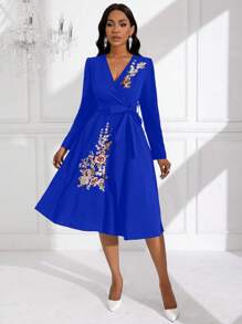 SHEIN Clasi Women's Floral Embroidered Long Sleeve Belted Dress - Royal Blue - View 5