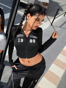 SHEIN Sports Letter Printed Zip Front Hooded Sports Jacket - Black - View 1