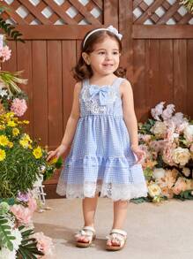 Baby Girl's Blue Checked Lace Trimmed Dress With Bowknot, Cute, Suitable For Daily Wear And Leisure In Spring And Summer
