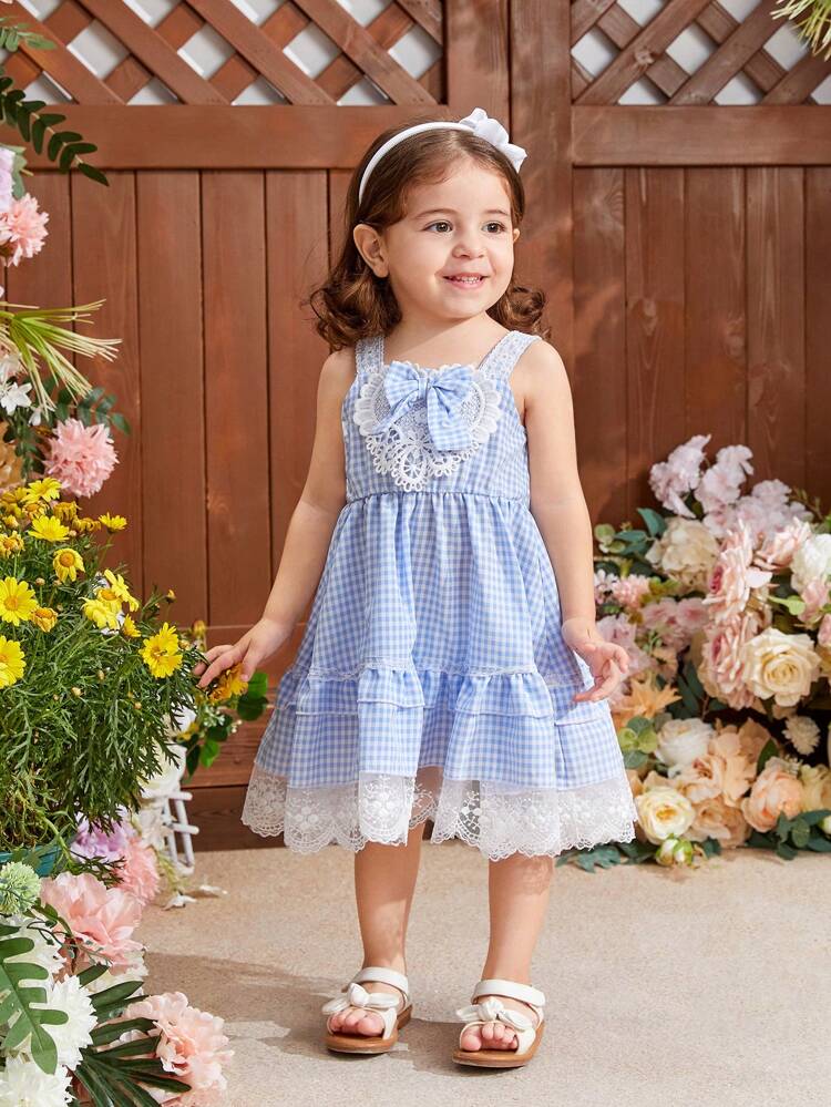 Baby Girl's Blue Checked Lace Trimmed Dress With Bowknot, Cute, Suitable For Daily Wear And Leisure In Spring And Summer