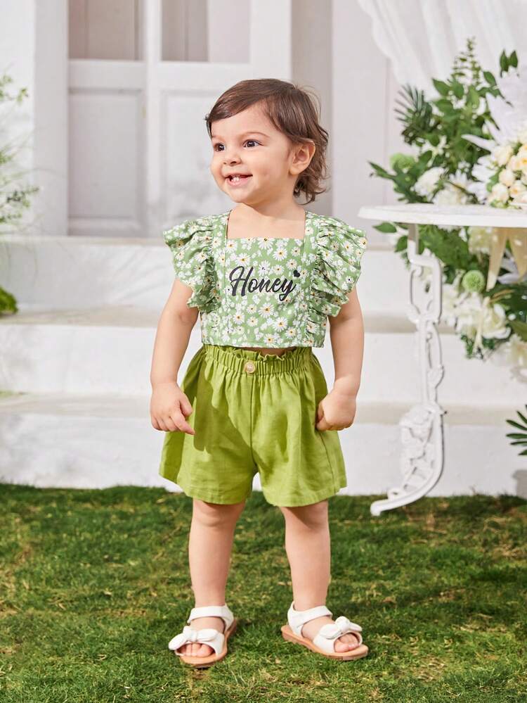 Baby Girl Casual Summer Holiday Flower Patterned Top And Shorts Set With Ruffle Hem