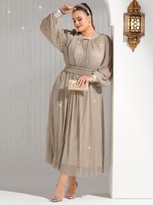 Modelyn Kích thước lớn Kim sa Vá lại Tay áo lồng đèn Đầm - Rượu sâm banh - Xem 5