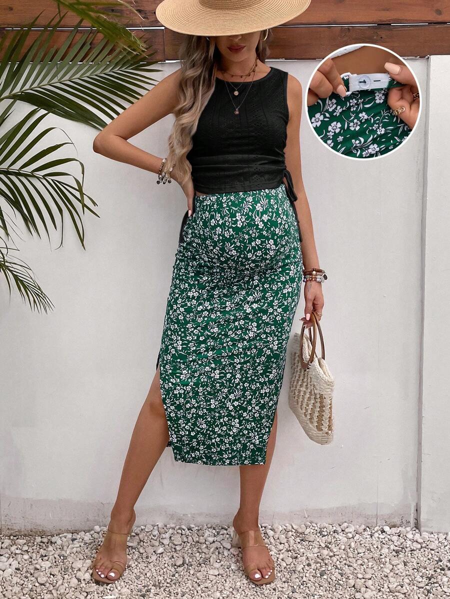 SHEIN Maternity Drawstring Side Tank Top And Adjustable Waist Floral Skirt 2pcs Set - Black - View 1