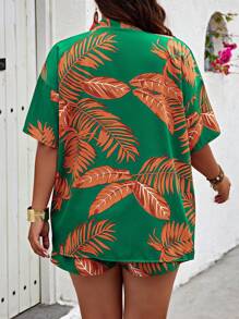 SHEIN Clasi Plus Size Boho Random Printed Drop Shoulder Sleeve Top And Shorts Two Pieces Set, For Summer - Green - View 2