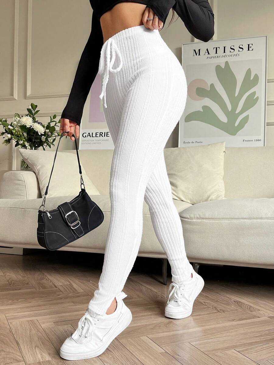 SHEIN EZwear Women's Versatile Split Hem Leggings - White - View 1