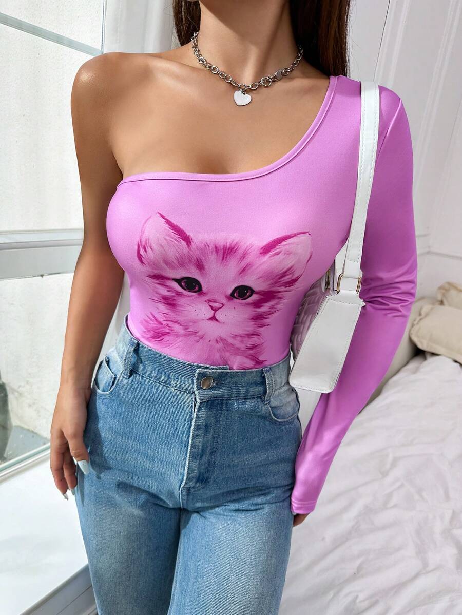 SHEIN Unity One Shoulder Cat Print Bodysuit - Pink - View 1