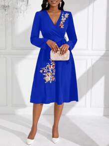 SHEIN Clasi Women's Floral Embroidered Long Sleeve Belted Dress - Royal Blue - View 4