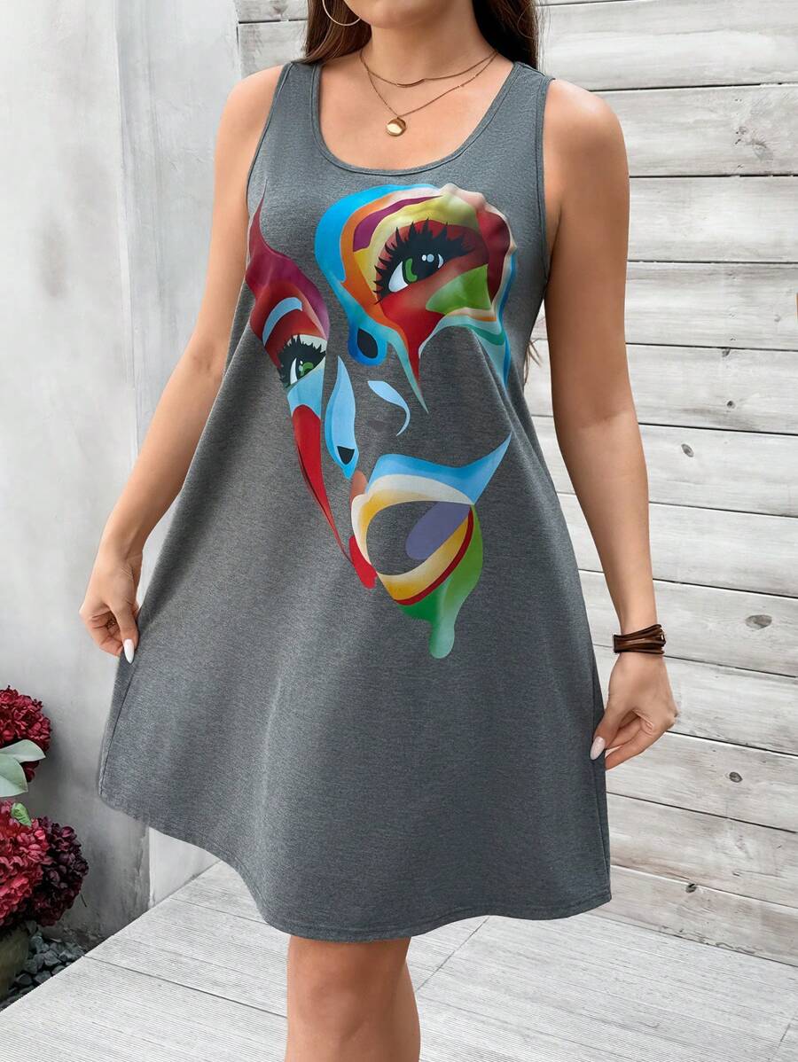SHEIN LUNE Vestido Casual De Talla Grande Para Mujer Sin Mangas Con Estampado De Figura Abstracta - Gris - Ver 1