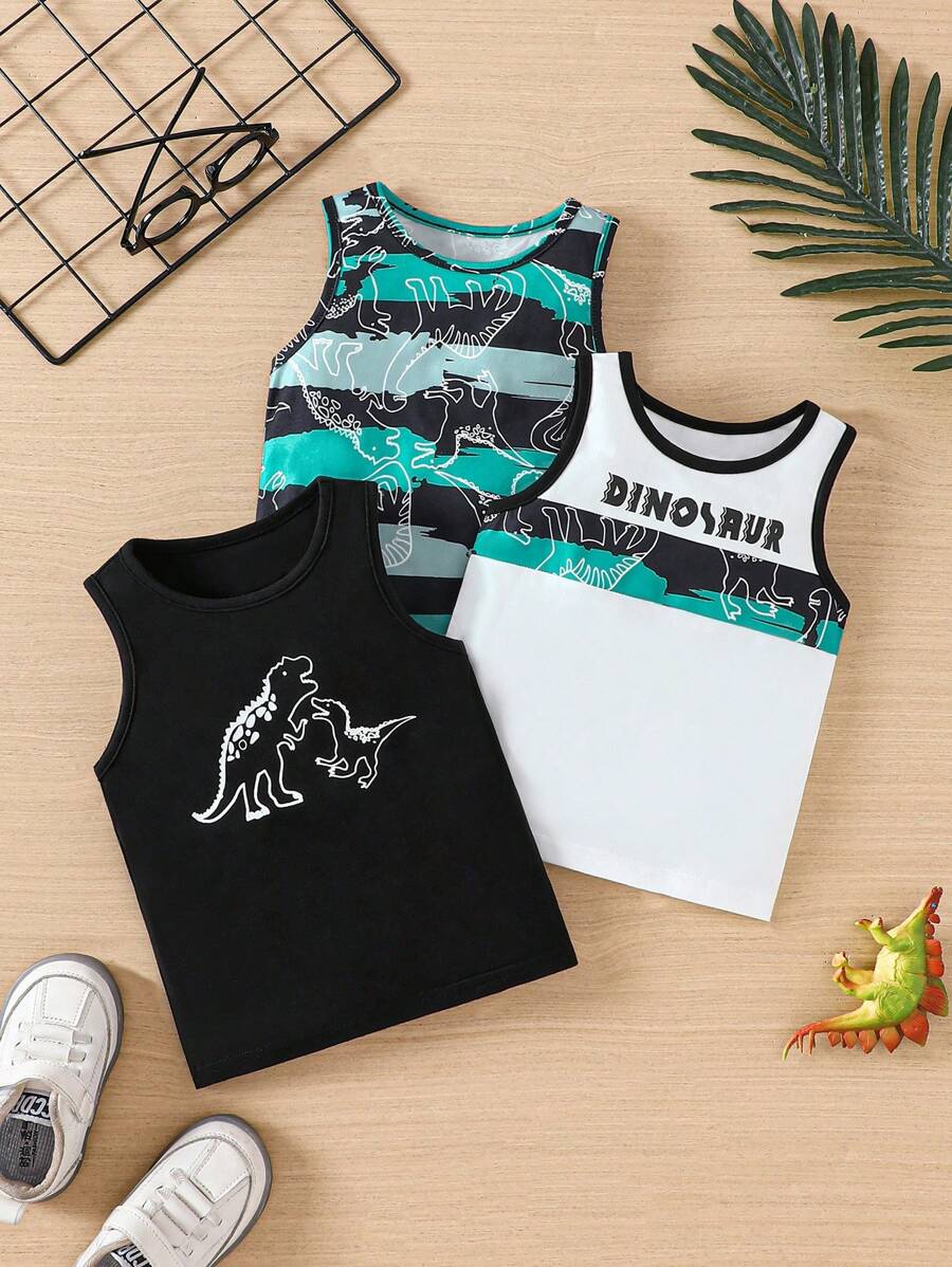 Baby Boy Dinosaur Patterned Round Neck Casual Vest 3pcs/Set For Summer - Multicolor - View 1