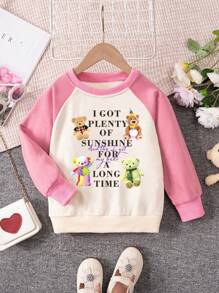 Young Girls' Cartoon Bear Pattern Raglan Sleeve Sweatshirt