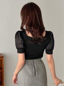 FRIFUL Của phụ nữ Lưới Ngắn tay Hình vuông Đường viền cổ áo Áo thun Với nút Chỉnh trang - màu đen - Xem 5