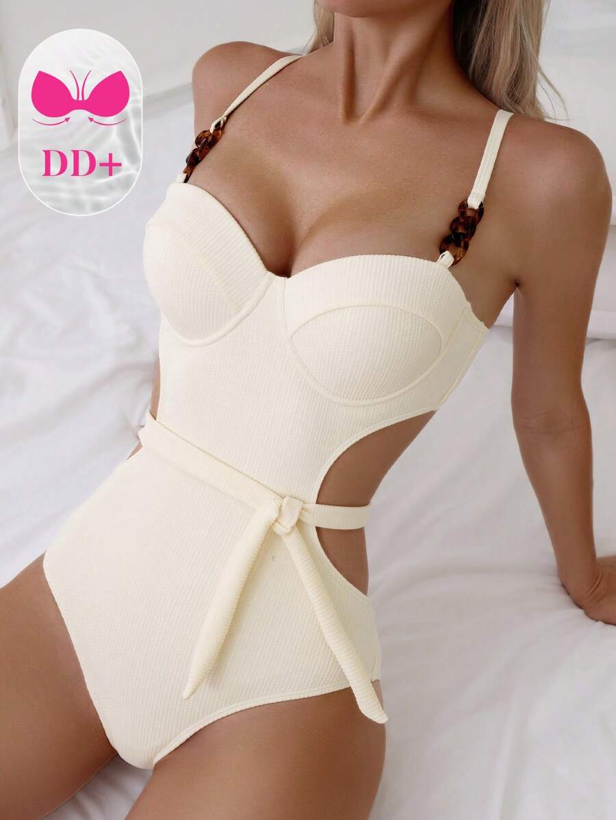 SHEIN Swim 女士镂空腰部连体吊带泳衣 带可拆卸腰带 夏季 - 米色 - 查看 1