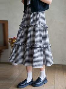 FRIFUL 女士格子荷叶边半身裙 - 黑與白 - 查看 5