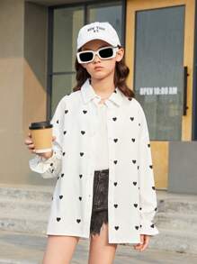 Tween Girls 日常甜美與酷感心形印花寬鬆休閒長袖襯衫 - 黑色 - 查看 6