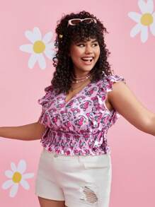 HELLO KITTY AND FRIENDS | SHEIN Mujeres Plus Blusa Rosa Con Estampado De Dibujos Animados Y Cuello En V Con Ribetes Con Volantes Para La Primavera Y El Verano - Rosa - Ver 5