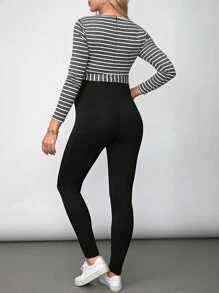 SHEIN Thai sản Sọc Tay áo dài Áo liền quần - Xám - Xem 2